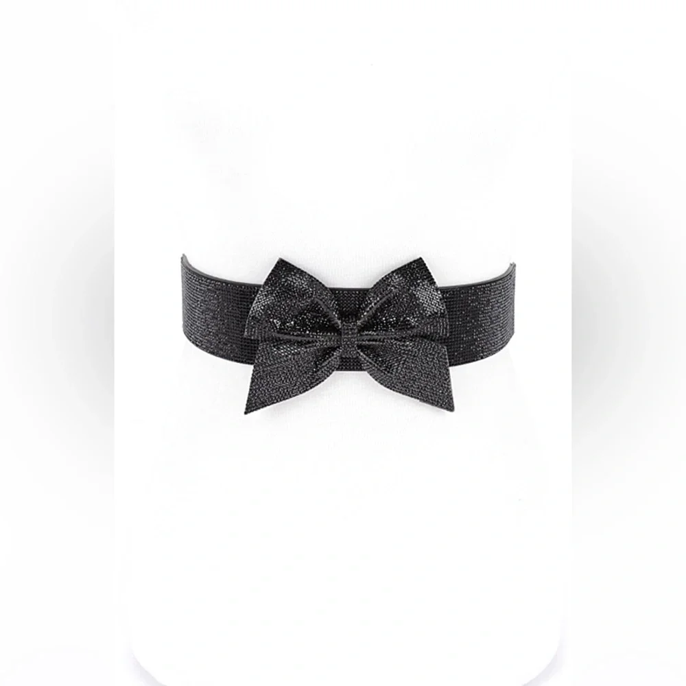 Metallic Rhinestone Bow Tie Elastic Corset Statement Belt